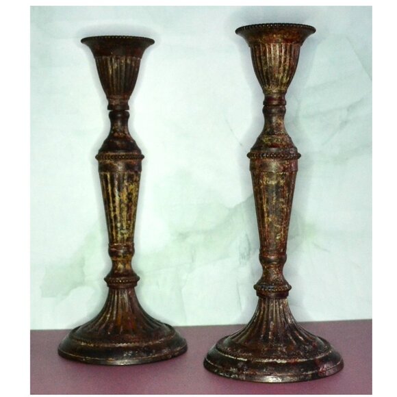 Vintage Style Fluted Metal Candlestick Holder Ornate Beaded Design Distressed - Picture 1 of 7